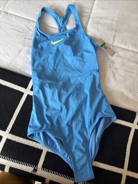 Nike Light Blue Racerback One-Piece Swimsuit with Neon Yellow Swoosh